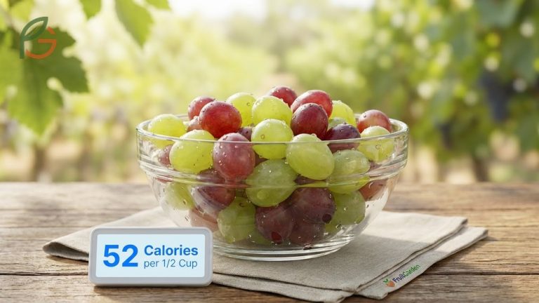 How many calories in grapes overview showing 52 calories per half-cup serving for both green and red varieties.