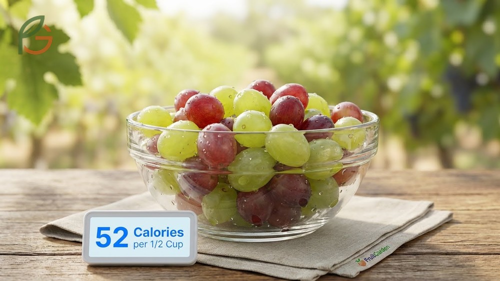 How many calories in grapes overview showing 52 calories per half-cup serving for both green and red varieties.