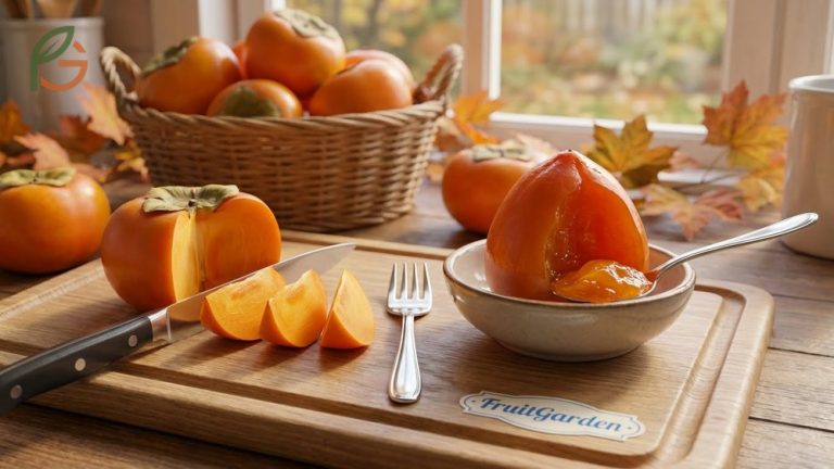 Fresh persimmons prepared on a wooden board illustrating how to eat persimmon fruit based on variety.