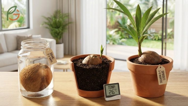 How to sprout a coconut at home involves soaking a mature nut and planting it partially buried in well-draining soil.