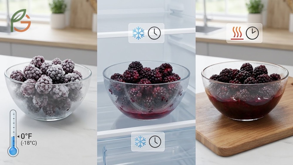 How to thaw frozen blackberries slowly in the refrigerator to minimize juice loss and maintain berry texture.