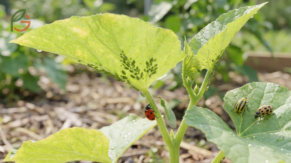 Pests on honeydew plants include aphids and cucumber beetles that damage leaves and spread bacterial wilt.