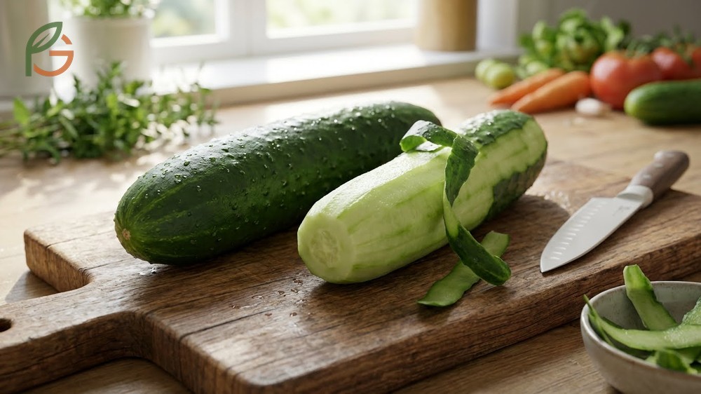 Nutrients in cucumber peel include 11g carbs and 2g fiber plus essential vitamins lost when peeling vegetables.