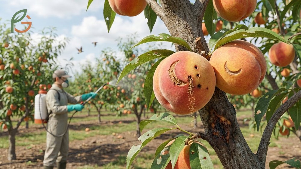 Pest control for peach trees targets plum curculio beetles that can damage 80 percent of fruit crops.