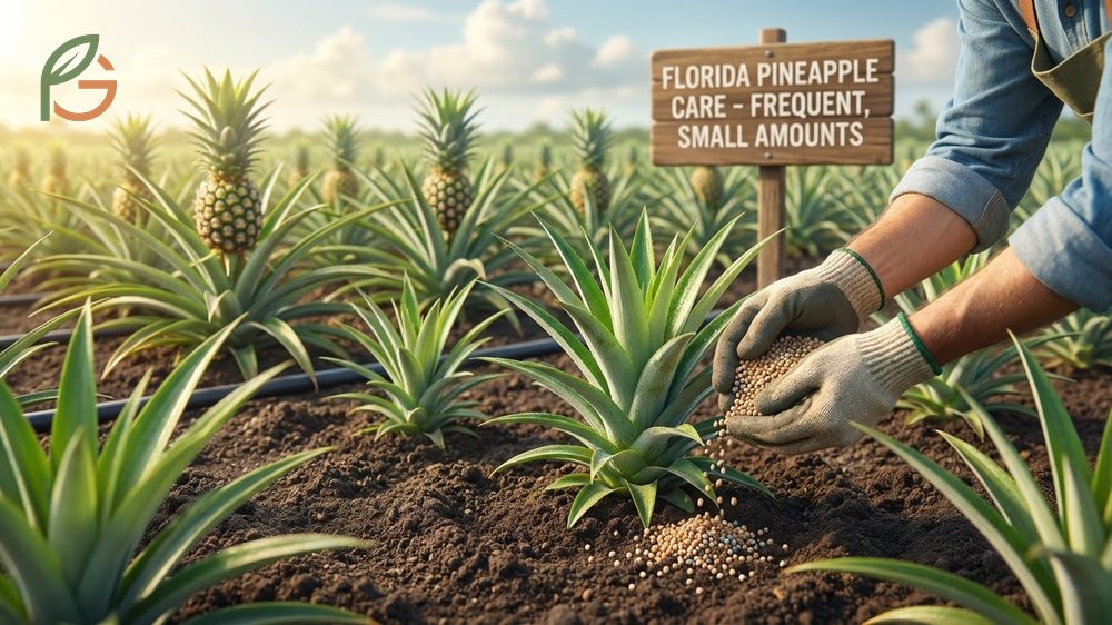 Organic mulch applied around the base of pineapple plants to suppress weeds and retain moisture.