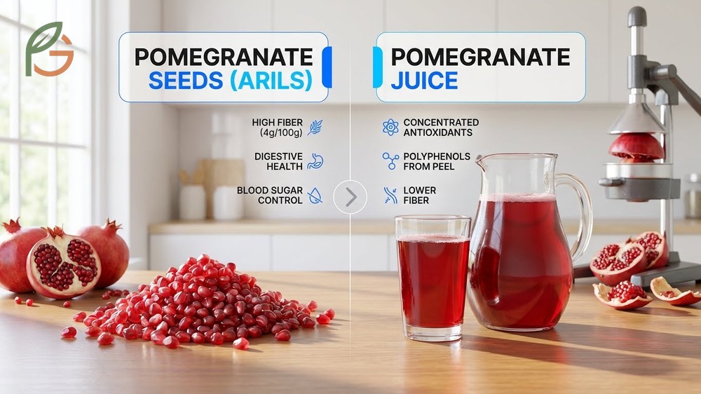 Pomegranate juice vs seeds comparison showing higher antioxidant concentration in juice versus fiber content in seeds.