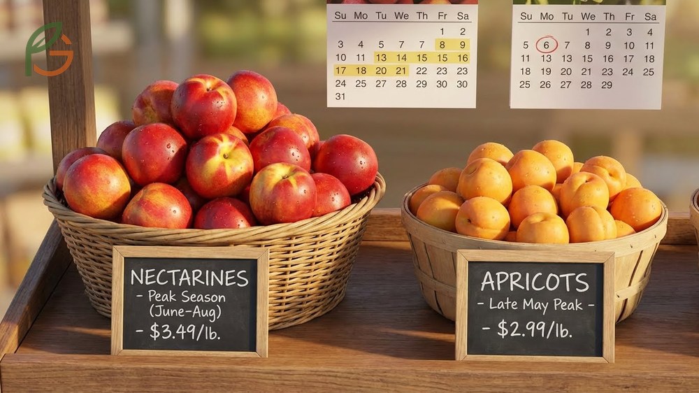 Price comparison and availability of apricots versus nectarines during peak summer seasons and off-seasons.