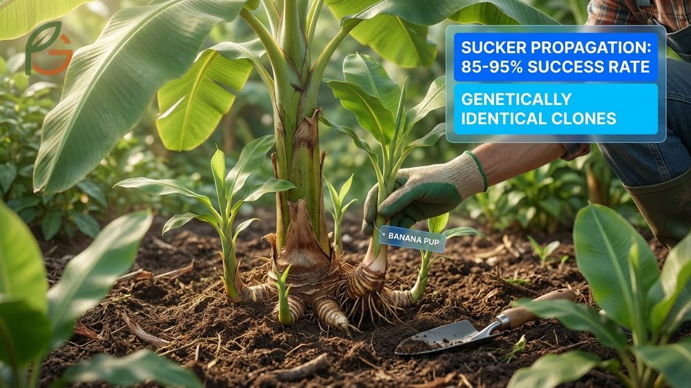 Propagating banana pups by separating suckers from the parent plant for successful home gardening results.