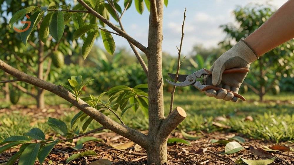 Pruning soursop trees technique showing 45-degree cuts to remove crossed branches and improve airflow for better yields.