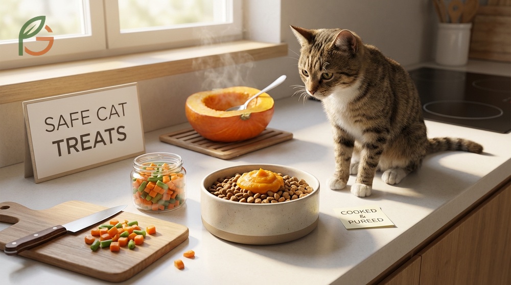 Safe vegetables for cats list featuring cooked pumpkin and steamed green beans as healthy treats.