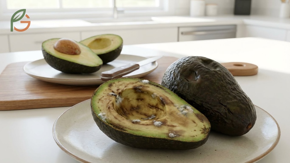 Signs of spoiled avocado warning viewers about rancid smells and dark streaks indicating rot.