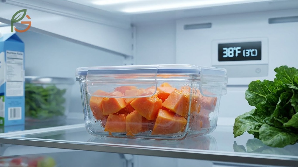 Storing cut papaya in airtight containers in the refrigerator preserves freshness for up to five days.
