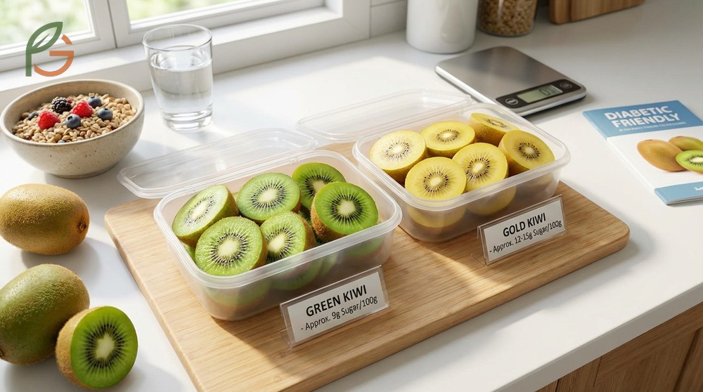 Sugar in green vs gold kiwi shows green varieties have less sugar and higher fiber for better glucose control.