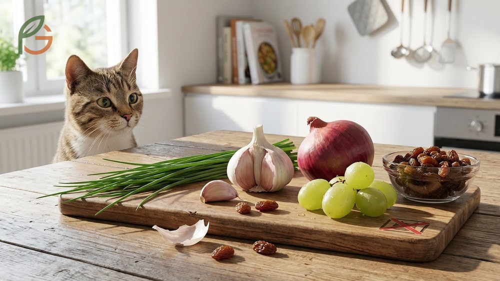 Toxic foods for cats like onions and grapes damage red blood cells or cause kidney failure.