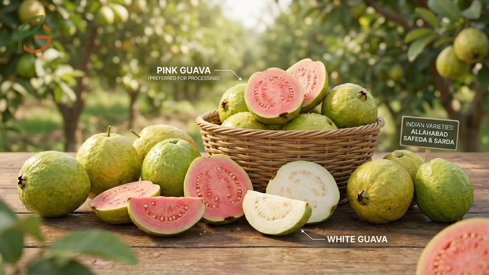 Types of guava: pink varieties with 5,204 μg lycopene per 100g, white varieties milder taste, over 30 cultivated worldwide