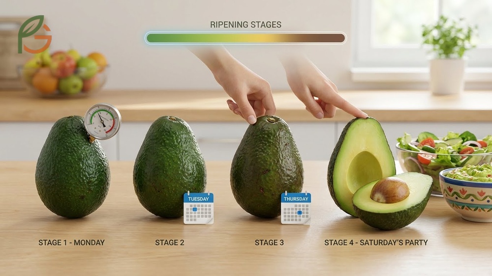 Avocado ripening stages guide helping you identify the perfect firmness level for slicing or mashing based on pressure.