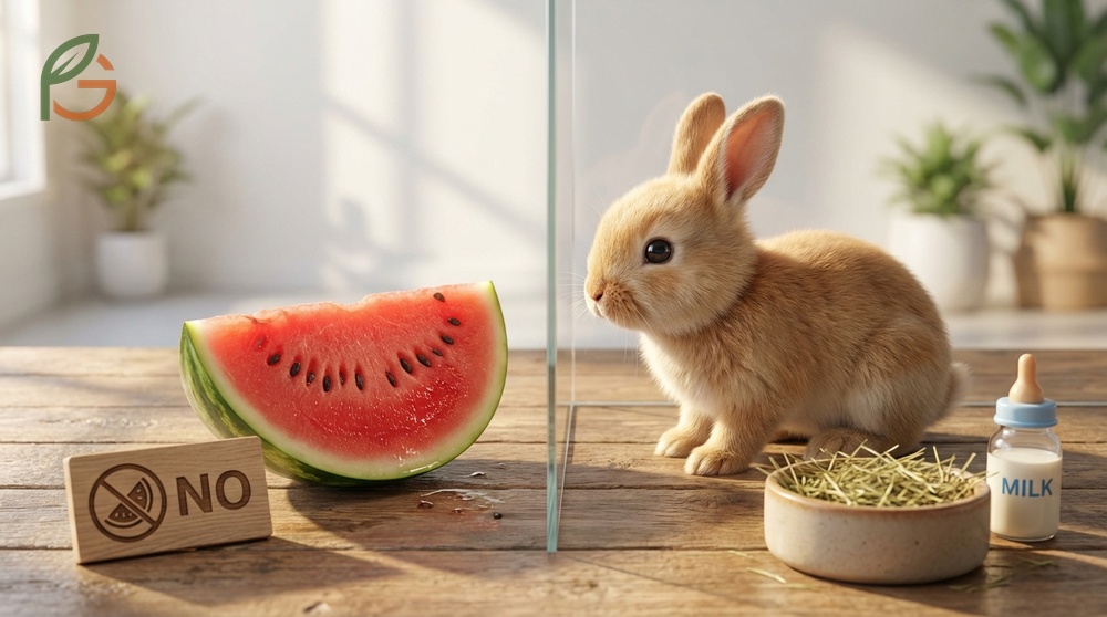 Baby rabbits and watermelon safety advice warns against feeding fruit to bunnies under 12 weeks.