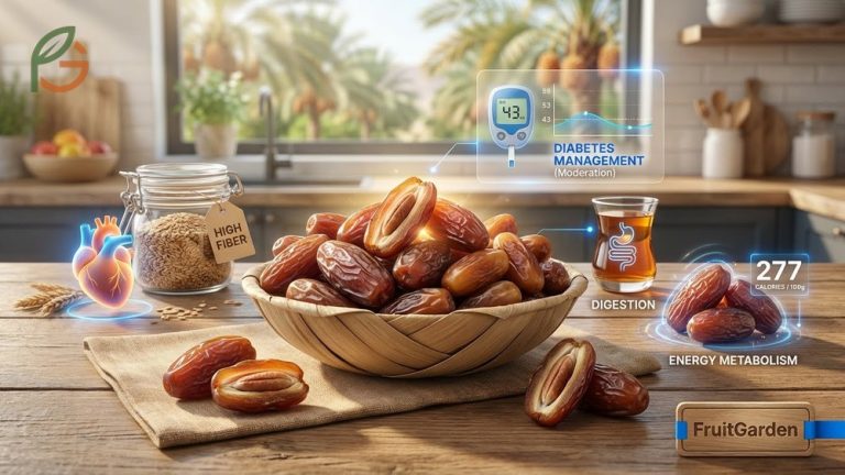 Benefits of dates fruit illustrated with nutritional facts including 277 calories and 7g fiber per 100g serving.