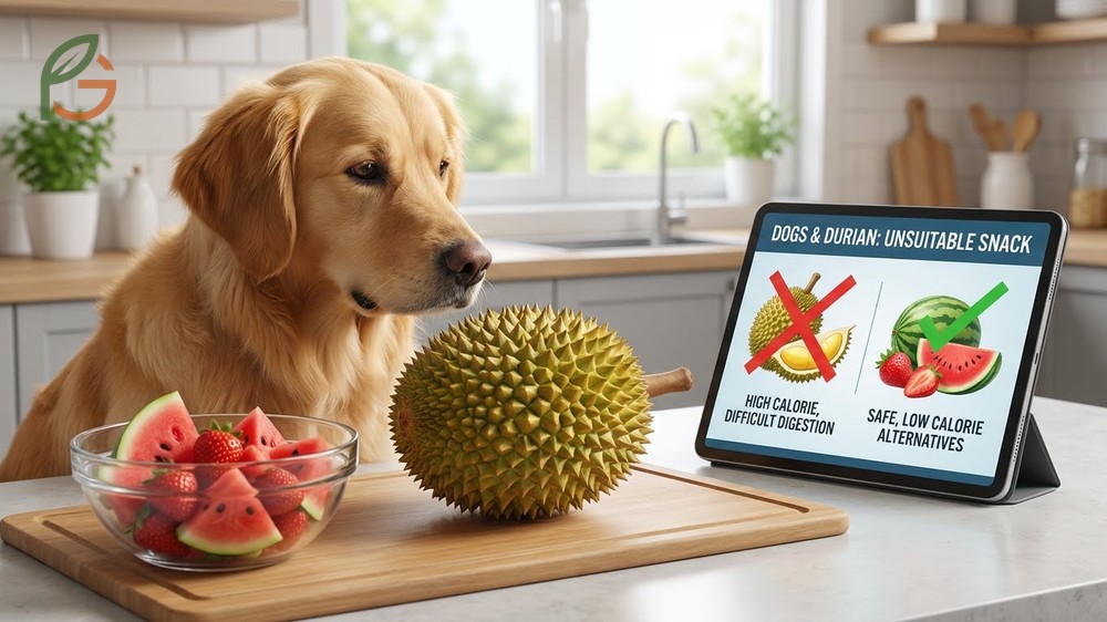 Can dogs eat durian explanation focusing on high calorie count of 357 calories per cup and digestive risks.