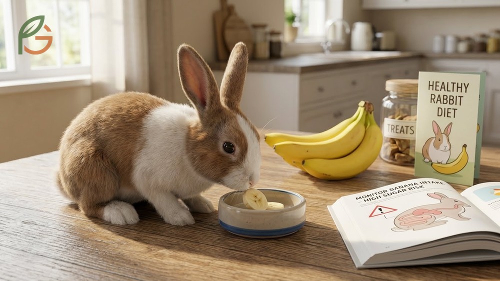 Rabbits eating banana pieces sparingly as a high-sugar treat to maintain healthy digestion.