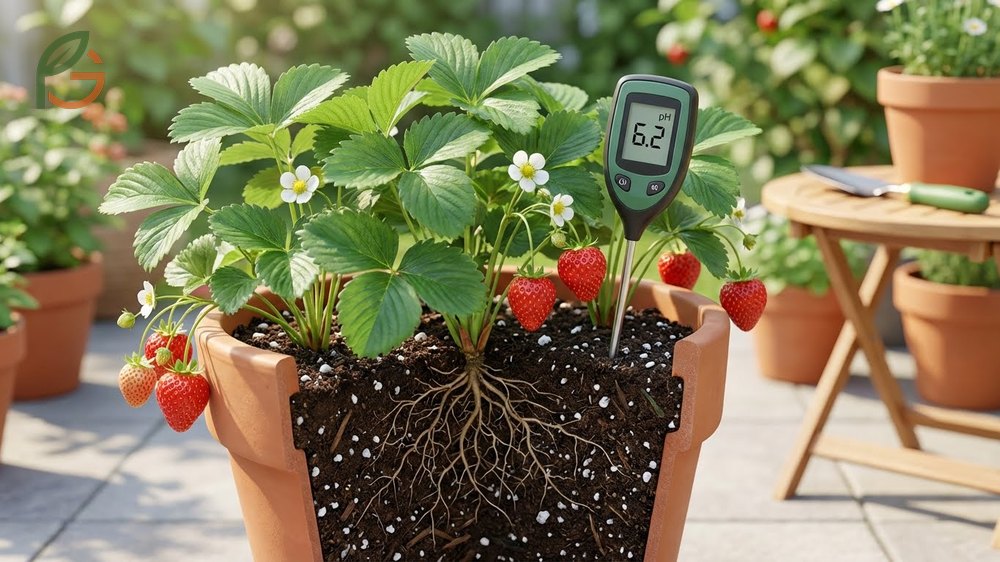 Container strawberry growing requires a soil mix of compost and coco coir with a pH between 5.5 and 6.8 for optimal health.