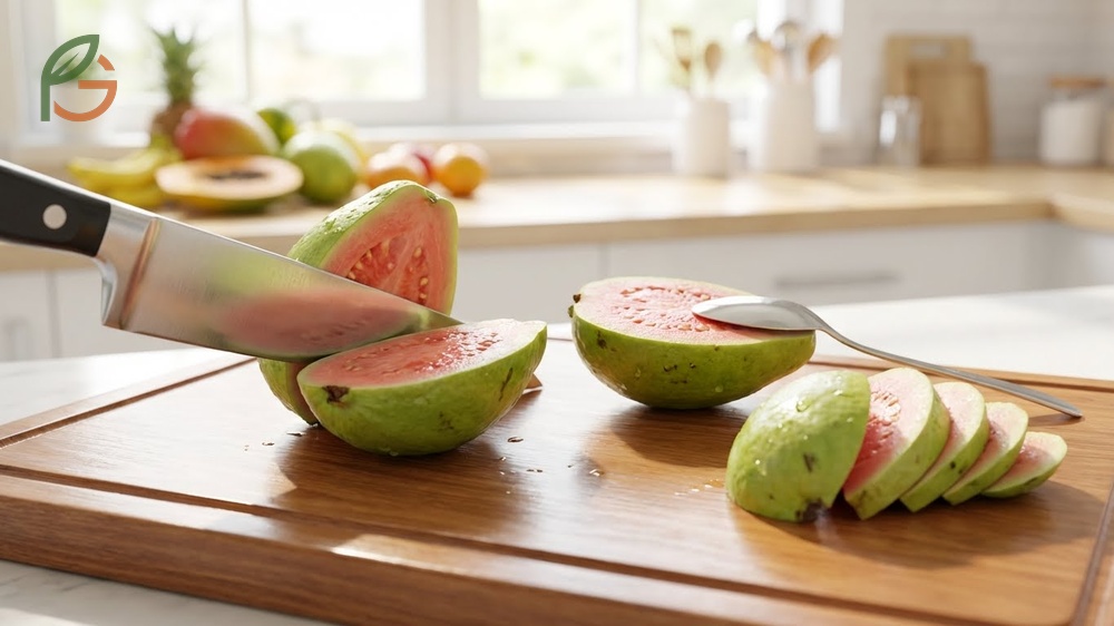 How to cut guava: slice lengthwise into halves, quarters or wedges, dice into cubes, maintains color without browning quickly