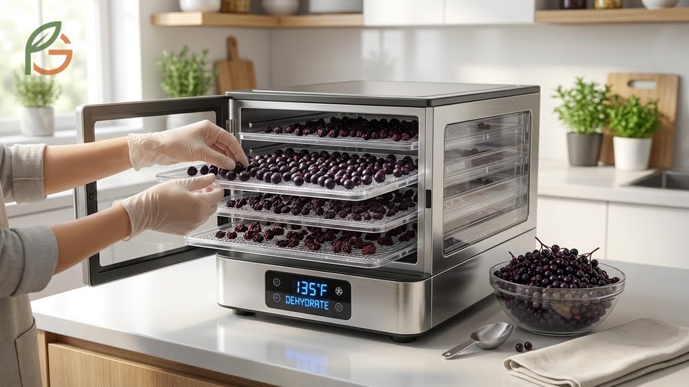 Dehydrating elderberries in a food dehydrator at controlled temperatures ensures consistent drying in twelve to fourteen hours.