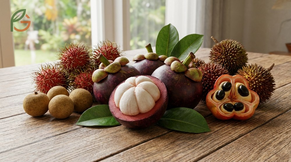 Exotic fruits identification guide featuring mangosteen and ackee alongside lychee relatives for comparison.