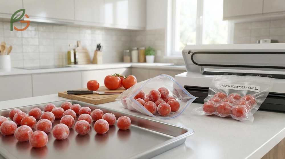 Freezing fresh tomatoes whole on cookie sheets before bagging to prevent them from sticking together.