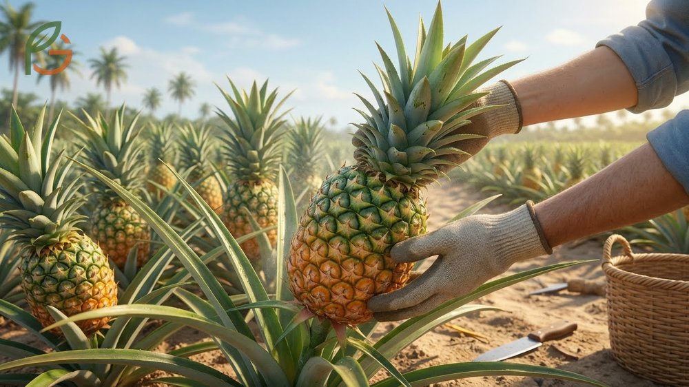 A ripe pineapple with golden yellow skin being harvested from the mother plant in Florida.