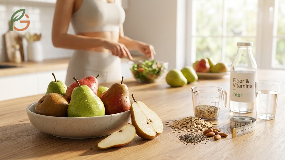 Prebiotic fiber in pears nourishes beneficial gut bacteria and supports weight management through increased fullness.