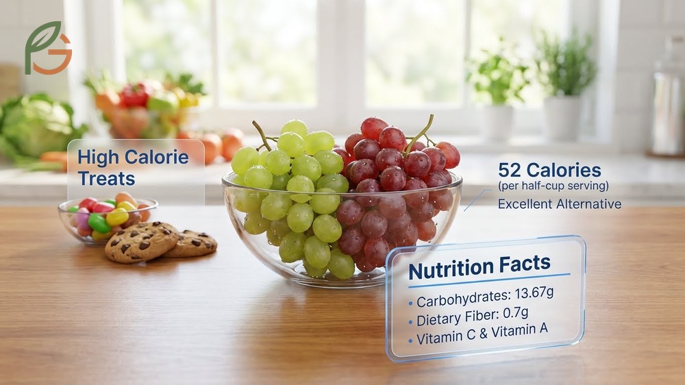 How many calories in grapes detailed by a standard half-cup serving delivering exactly 52 calories compared to sugary snacks.