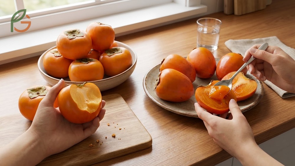 Visual guide on how to eat persimmon fruit distinguishing between the squat Fuyu and the pointed Hachiya.