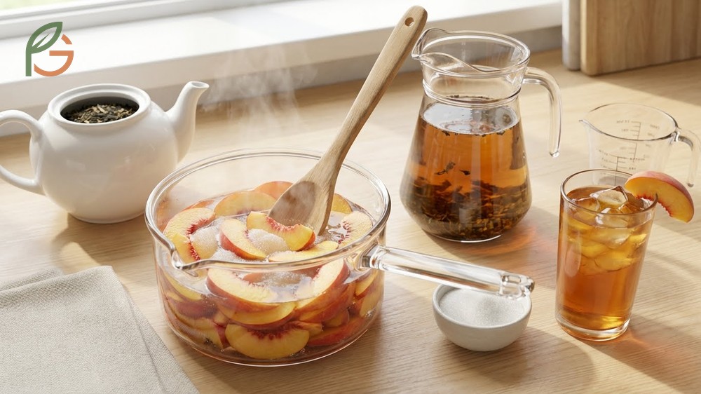 How to make peach tea involves brewing loose leaf tea and adding fresh peach syrup for a delicious homemade beverage.