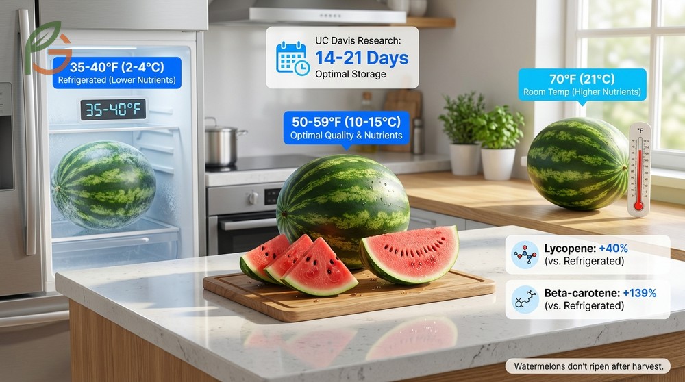 How to store watermelon at 55 degrees Fahrenheit to maintain optimal quality for 14 to 21 days and preserve vitamins.