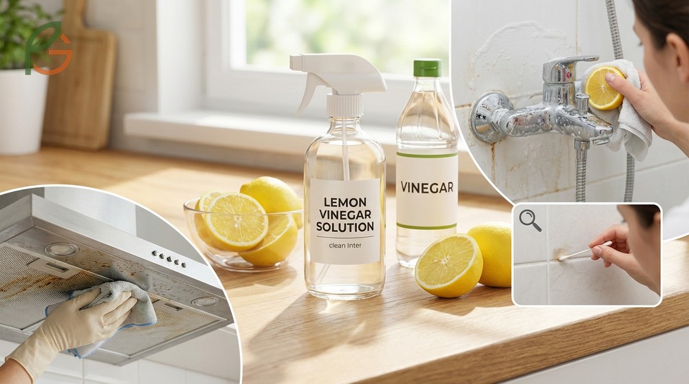 Lemon vinegar uses include degreasing kitchen counters and descaling bathroom fixtures by allowing 10 minutes contact time.