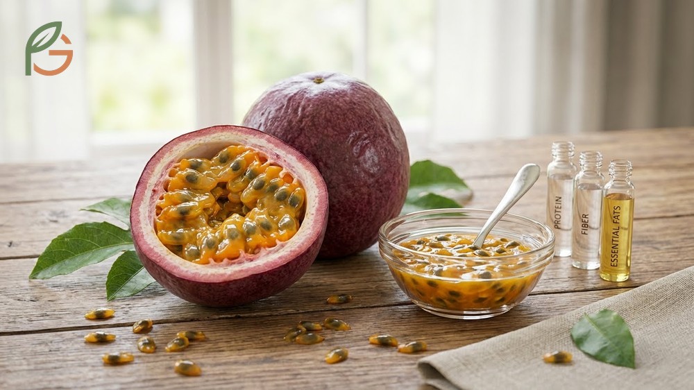 Passion fruit seed edible properties provide a crunchy texture and essential fatty acids like linoleic acid.