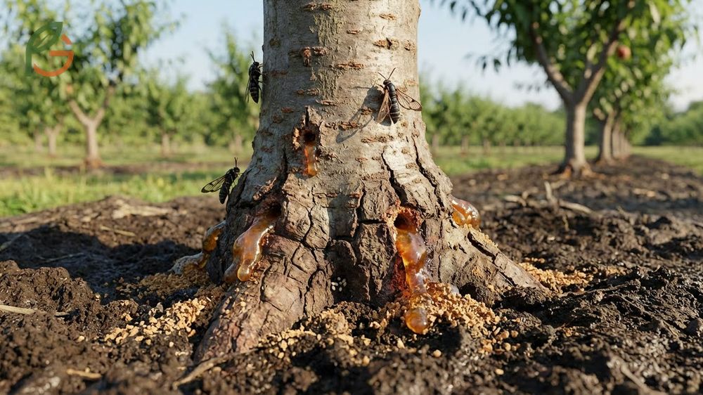 Peach tree borer damage creates gummy sap oozing from trunks and requires treatment before larvae hatch.