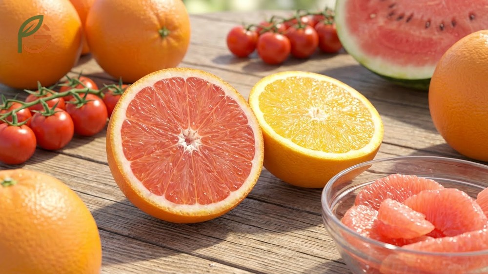 Pink navel orange characteristics include lycopene content similar to tomatoes and 150 percent daily vitamin C.