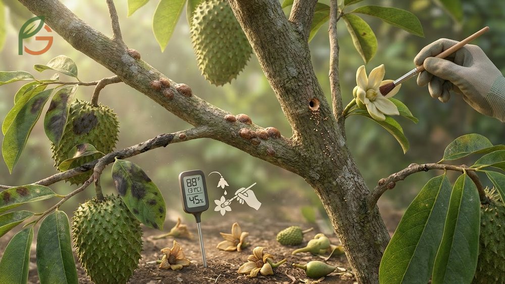 Soursop tree problems identifying stem borers and fungal spots with solutions for pest control and pollination issues.