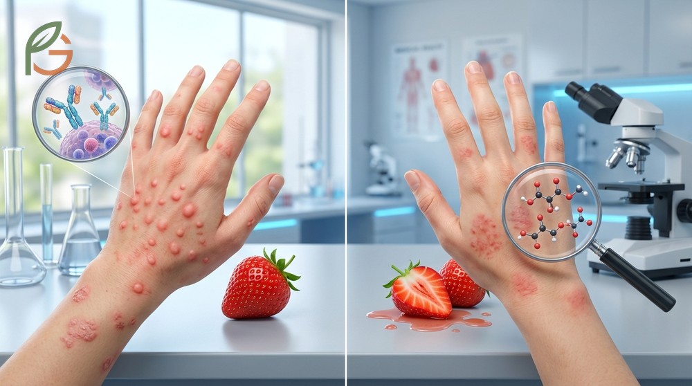 Strawberry skin reactions distinguishing between allergic hives and contact dermatitis from acidic fruit juice.