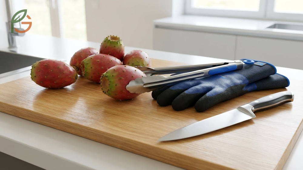 Tools for cutting prickly pear fruit including tongs and thick rubber gloves for protection.