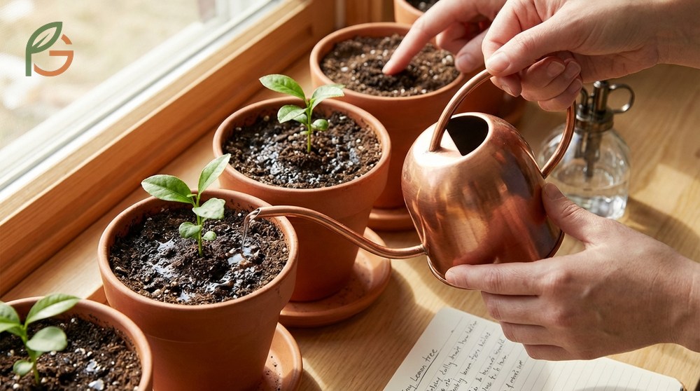 Watering lemon seedlings thoroughly when the top soil feels dry to prevent root rot.