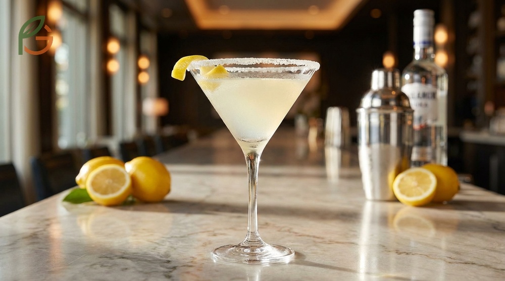 A classic lemon drop cocktail served in a sugar-rimmed martini glass with vodka and fresh lemon juice.