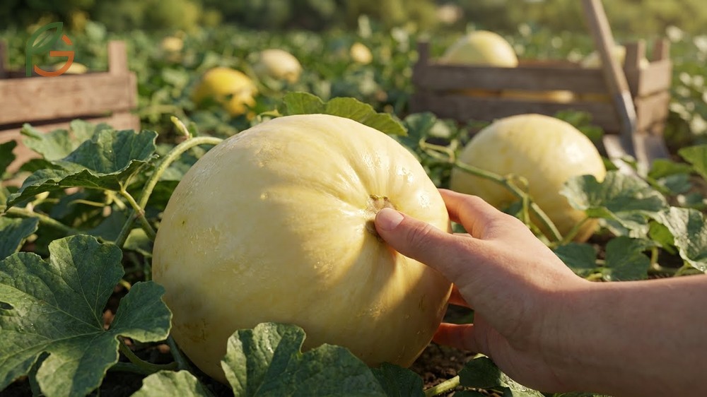 When to harvest honeydew is determined by creamy yellow skin color and slight softening at the blossom end.