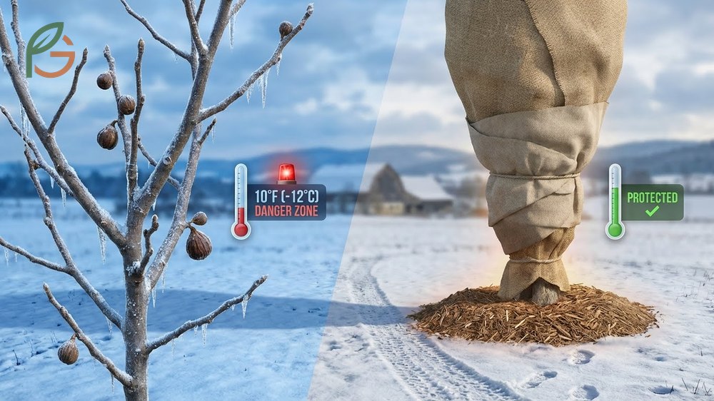 Winterizing fig trees prevents cold damage when temperatures fall below the critical 15 degree Fahrenheit threshold.