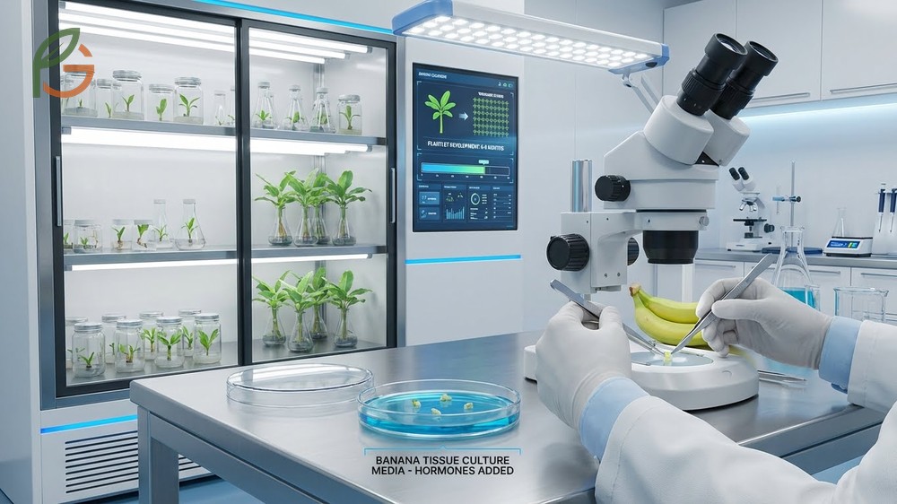 Banana tissue culture explained producing disease-free plantlets through laboratory micropropagation methods.