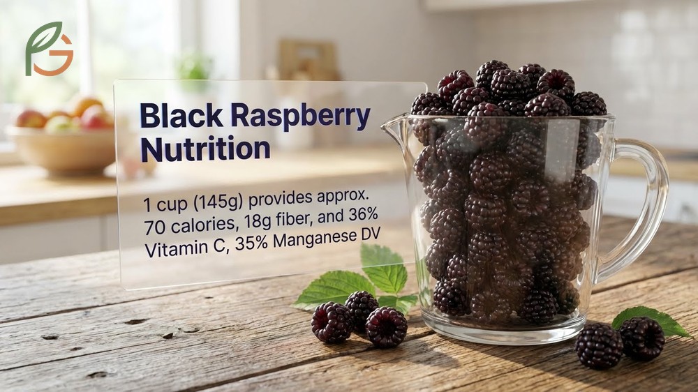 Black raspberry nutrition facts highlighting low calories and high fiber content for healthy snacking.