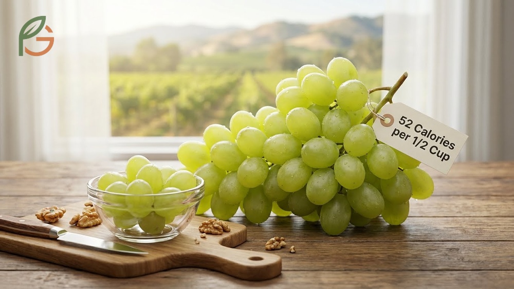 Calories in green grapes breakdown highlighting 13g of net carbs and essential Vitamin C content for a healthy diet.