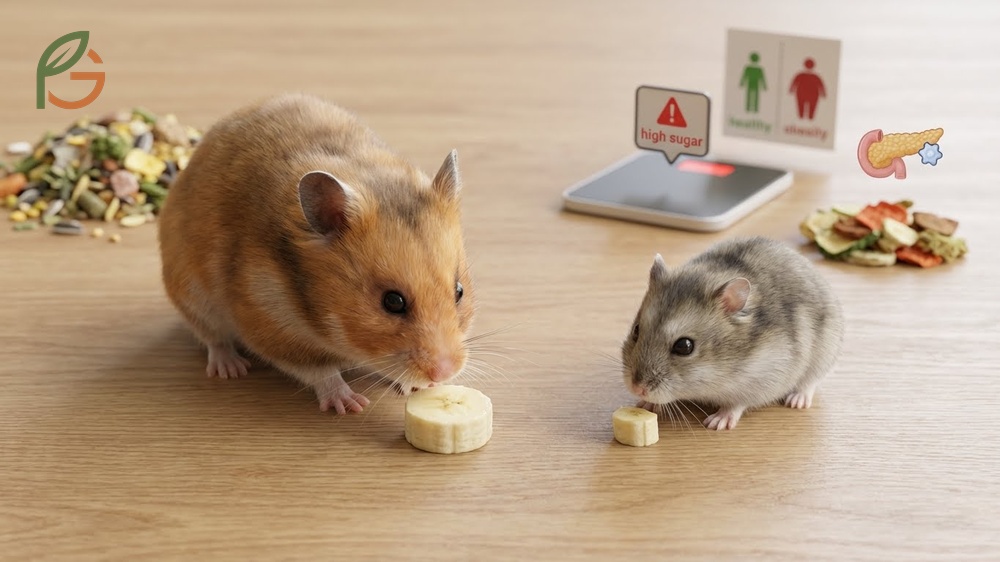 Hamsters consuming tiny amounts of fresh banana to avoid diabetes and cheek pouch problems.